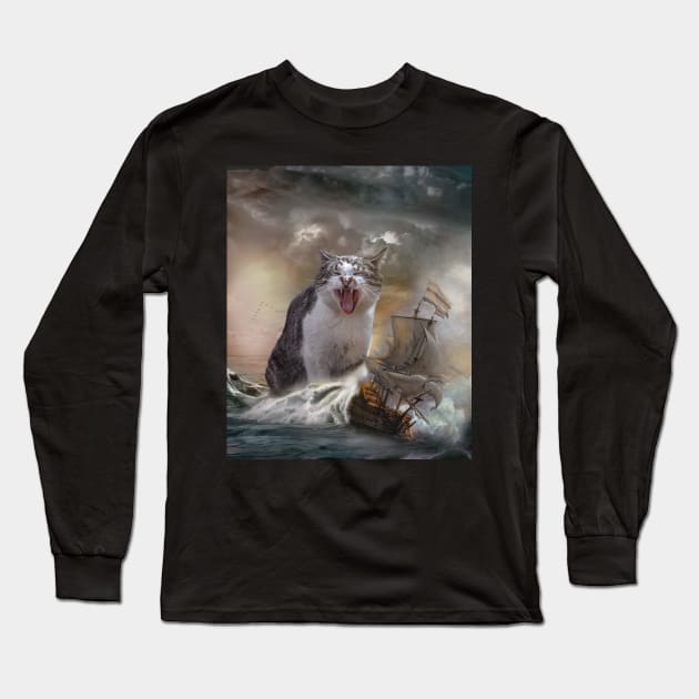 Kraken Sea Monster Cat Funny Long Sleeve T-Shirt by Random Galaxy